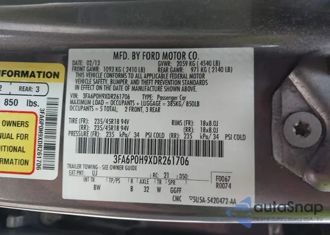 2013 Ford Fusion Se z USA, uszkodzony, nr VIN 3FA6P0H9XDR261706